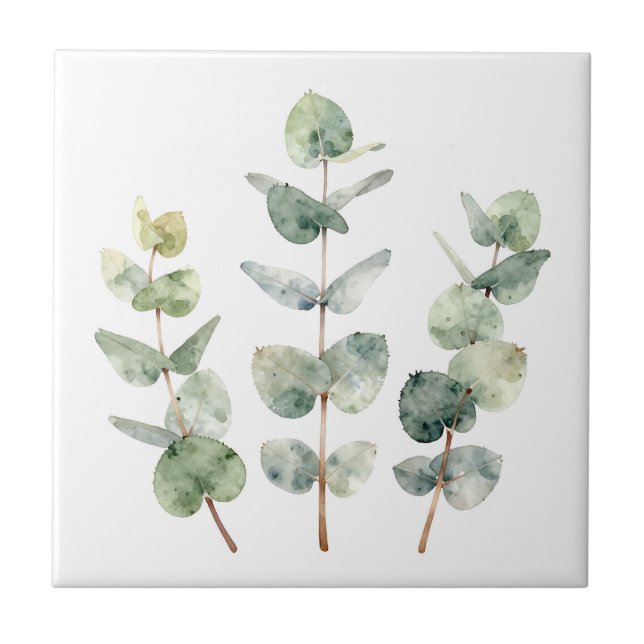 Watercolor Eucalyptus Leaves Botanical Ceramic Tile (Front)