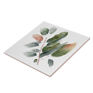 Watercolor Eucalyptus Leaves Ceramic Tile