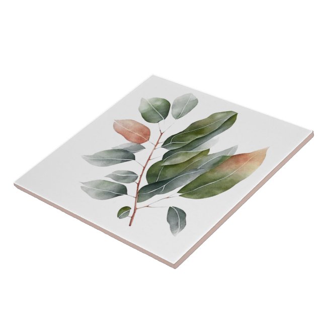 Watercolor Eucalyptus Leaves  Ceramic Tile (Side)