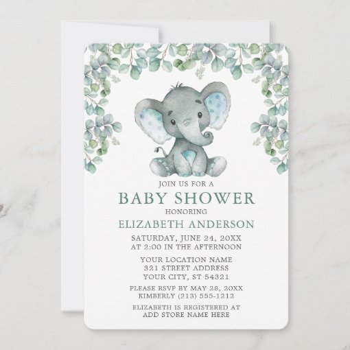 Watercolor Eucalyptus Leaves Elephant Baby Shower Invitation | Zazzle