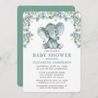 Watercolor Eucalyptus Leaves Elephant Baby Shower Invitation