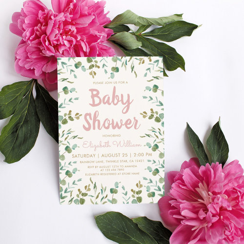 Watercolor Eucalyptus Leaves Girl Baby Shower 