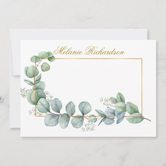 Watercolor Eucalyptus Leaves Gold Frame Note Card (Front)