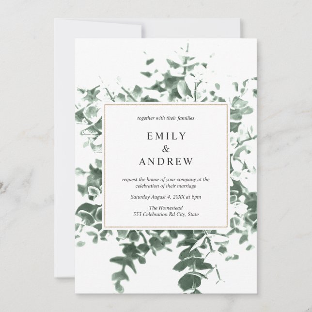 Watercolor Eucalyptus Leaves Gold Frame Wedding Invitation (Front)