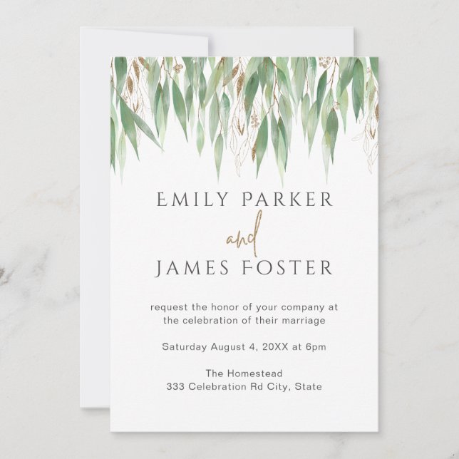 Watercolor Eucalyptus Leaves Gold Greenery Wedding Invitation (Front)