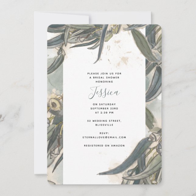 Watercolor Eucalyptus Leaves Green Bridal Shower Invitation (Front)