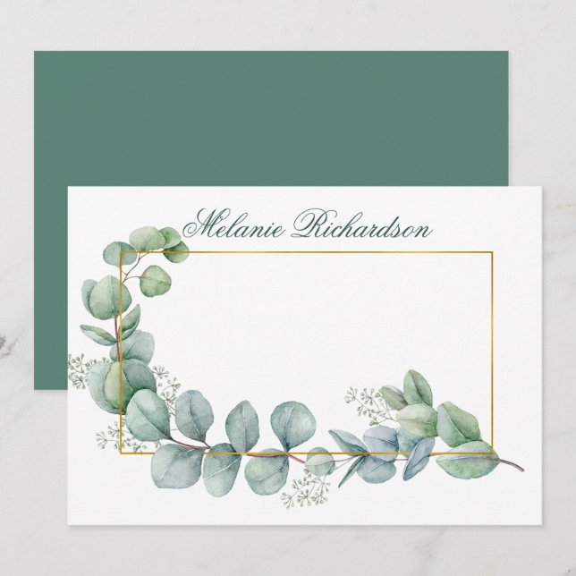 Watercolor Eucalyptus Leaves Green Gold Frame Note Card (Front/Back)
