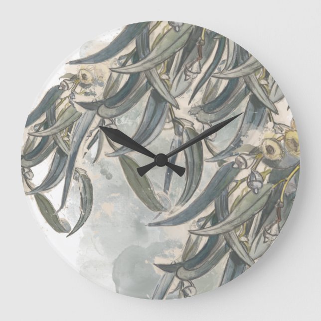 Watercolor Eucalyptus Leaves Greenery Large Clock (Front)