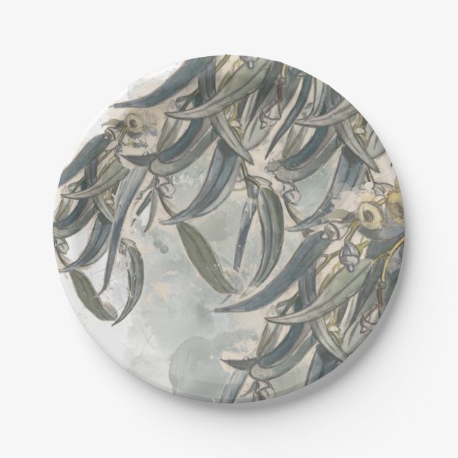 Watercolor Eucalyptus Leaves Greenery  Paper Plates (Front)