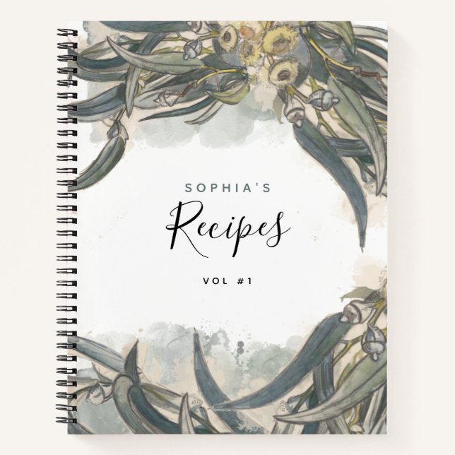 Watercolor Eucalyptus Leaves Greenery Recipes Notebook (Front)