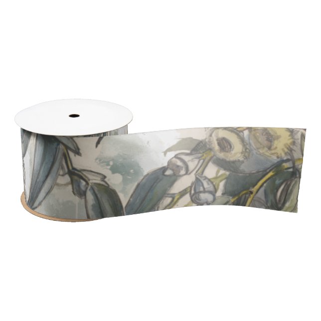 Watercolor Eucalyptus Leaves Greenery   Satin Ribbon (Spool)