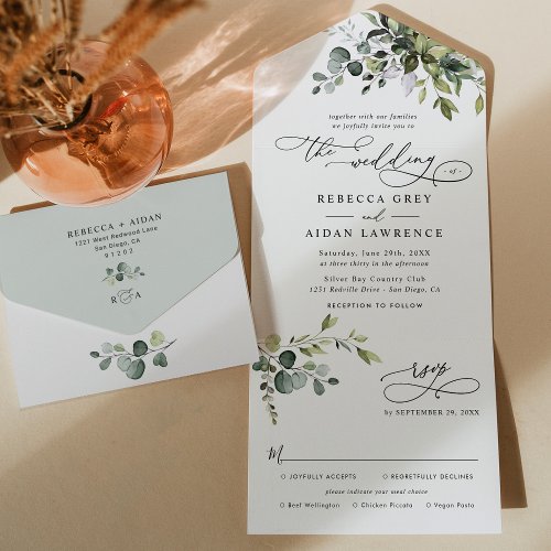 Watercolor Eucalyptus Leaves Greenery Wedding All In One Invitation