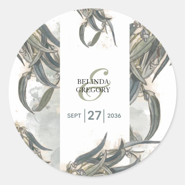 Watercolor Eucalyptus Leaves Greenery Wedding Classic Round Sticker (Front)