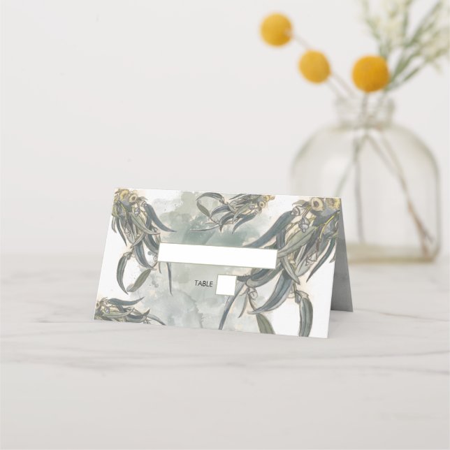 Watercolor Eucalyptus Leaves Greenery Wedding Place Card (Front)
