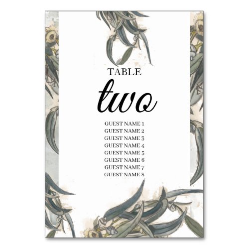 Watercolor Eucalyptus Leaves Greenery Wedding  Table Number