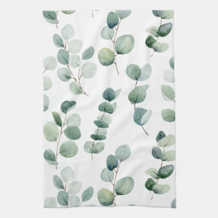 Watercolor eucalyptus leaves kitchen towel