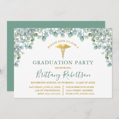 Watercolor Eucalyptus Leaves Medical Grad Party Invitation