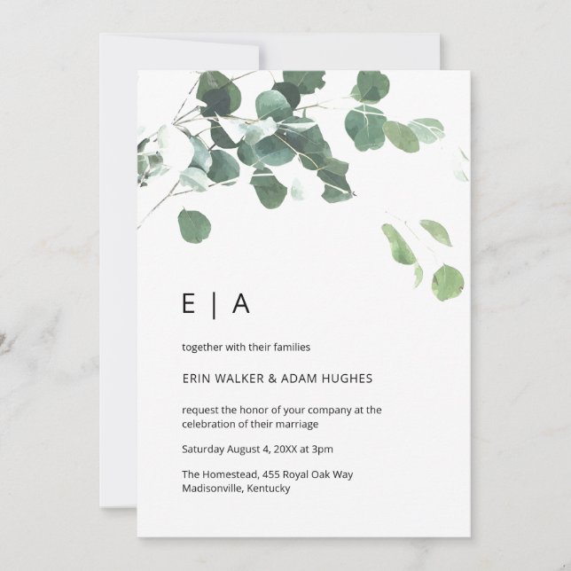 Watercolor eucalyptus leaves modern font wedding invitation (Front)