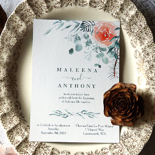 Watercolor Eucalyptus Leaves, Pink Rose, Winter Invitation