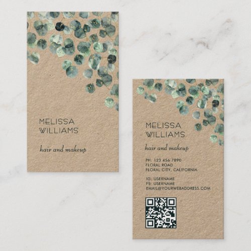 Watercolor Eucalyptus Leaves | Qr Code Rustic Business Card