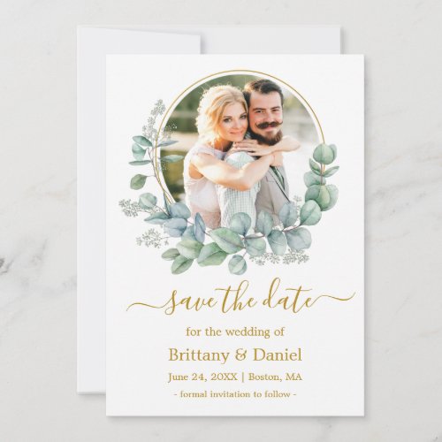 Watercolor Eucalyptus Leaves Round Frame Gold Save The Date