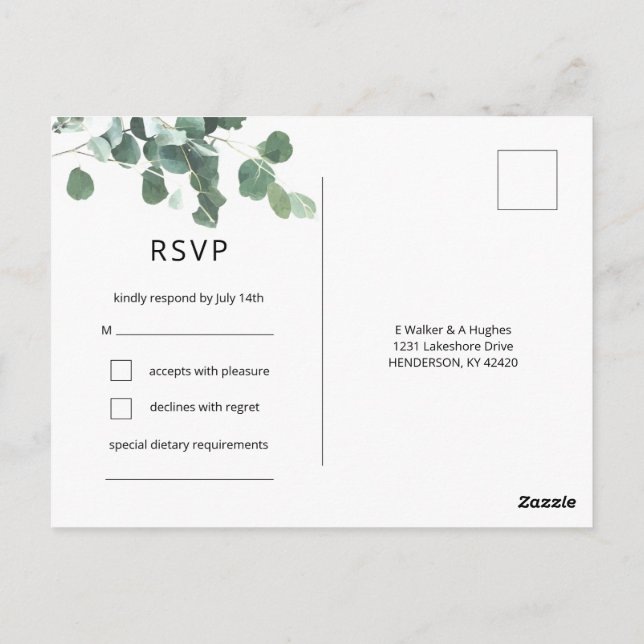 Watercolor Eucalyptus Leaves RSVP Modern Font Postcard (Back)
