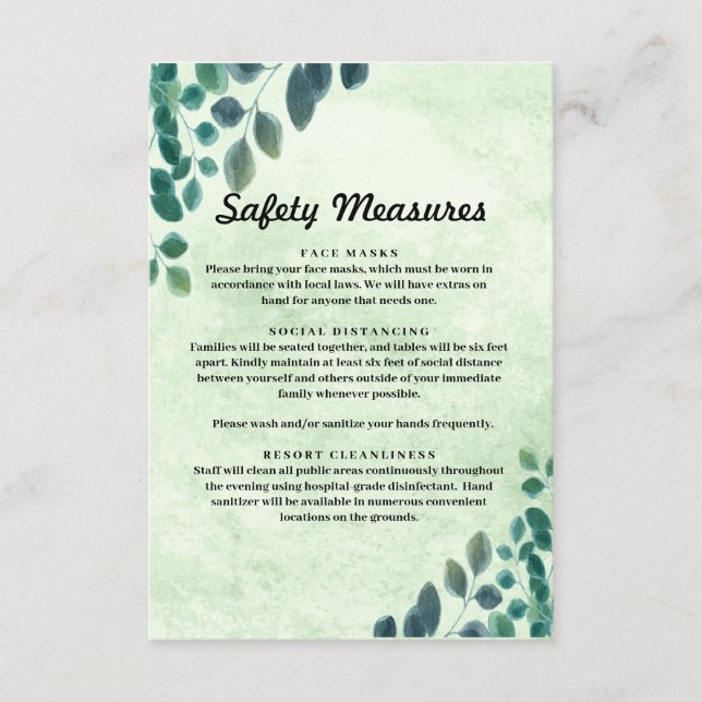 Watercolor Eucalyptus Leaves Safety Measures Enclosure Card (Front)