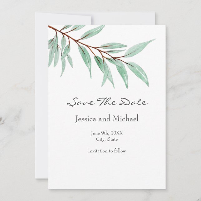 Watercolor Eucalyptus Leaves Save The Date (Front)