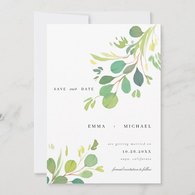 Watercolor Eucalyptus Leaves Save the Date Card (Front)