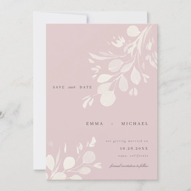 Watercolor Eucalyptus Leaves Save the Date Card (Front)
