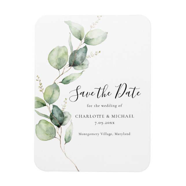 Watercolor Eucalyptus Leaves Save the Date Magnet (Vertical)