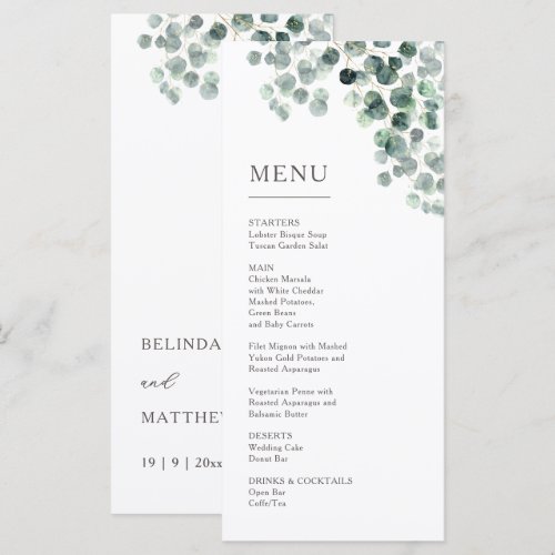 Watercolor Eucalyptus Leaves Wedding Menu