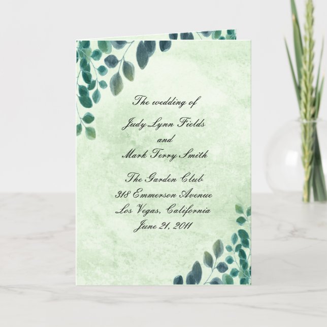 Watercolor Eucalyptus Leaves Wedding Program Card (Front)