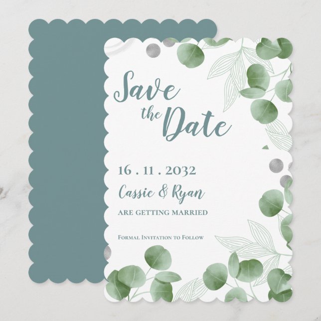 Watercolor Eucalyptus Leaves Wedding Save the Date (Front/Back)