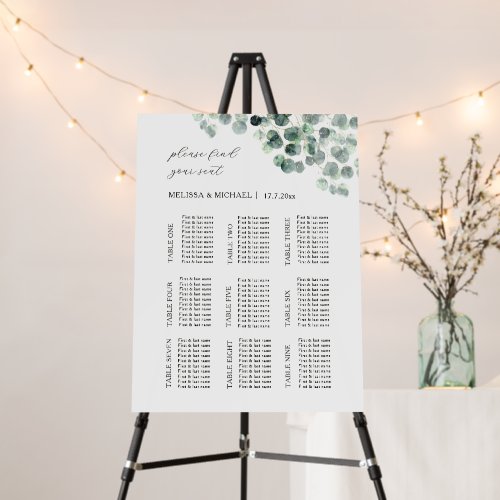 Watercolor Eucalyptus Leaves Wedding Seating Chart Foam Board