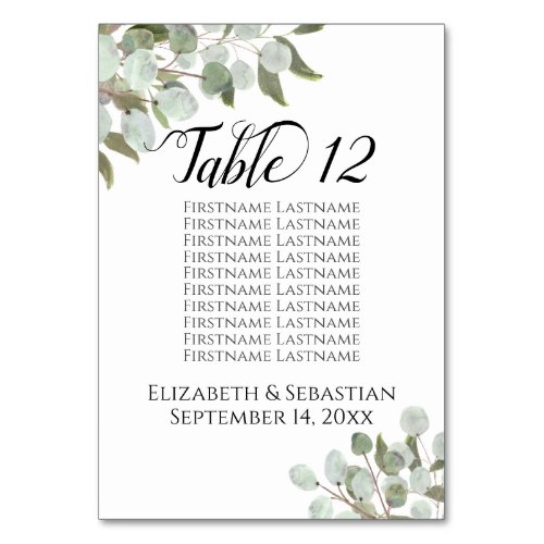 Watercolor Eucalyptus Leaves Wedding Seating Chart Table Number