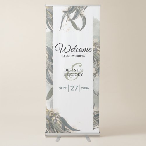 Watercolor Eucalyptus Leaves Wedding Welcome Retractable Banner