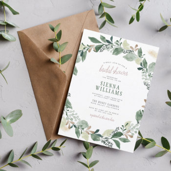Watercolor Eucalyptus Leaves Wreath Bridal Shower Invitation by invitationsandstamps at Zazzle