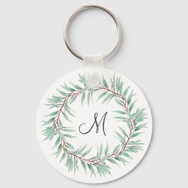 Watercolor Eucalyptus Leaves Wreath Keychain (Front)