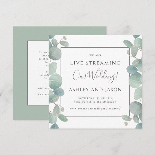Watercolor Eucalyptus Live Streaming Wedding Invitation (Front/Back)
