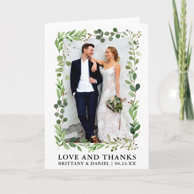 Watercolor Eucalyptus Love and Thanks Folded Thank You Card (Front)