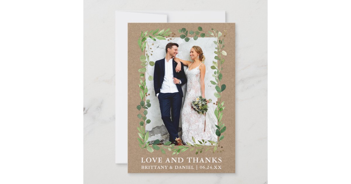 Watercolor Eucalyptus Love Thanks Wedding Kraft Thank You Card | Zazzle