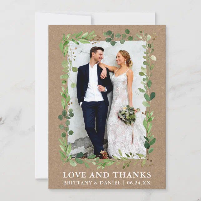 Watercolor Eucalyptus Love Thanks Wedding Kraft Thank You Card | Zazzle