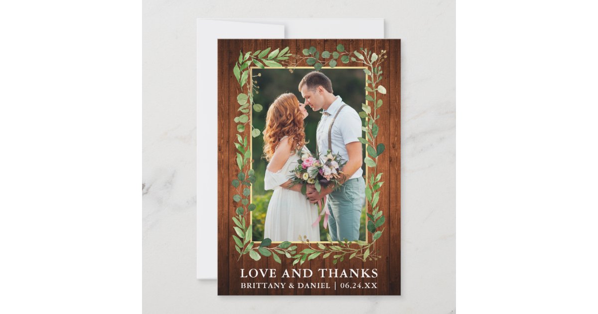 Watercolor Eucalyptus Love Thanks Wood Gold Thank You Card | Zazzle
