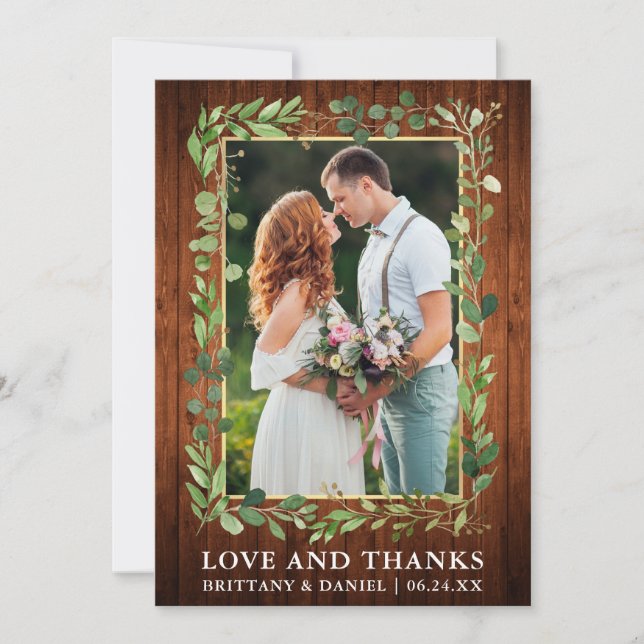 Watercolor Eucalyptus Love Thanks Wood Gold Thank You Card (Front)