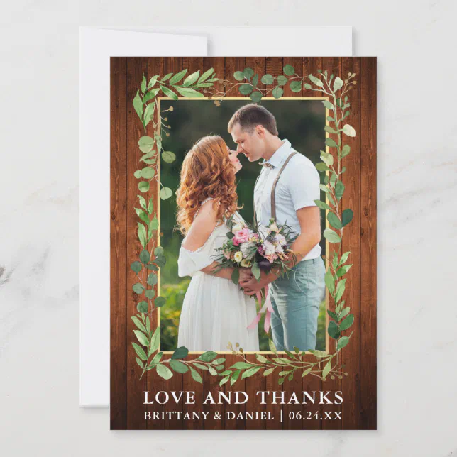 Watercolor Eucalyptus Love Thanks Wood Gold Thank You Card | Zazzle