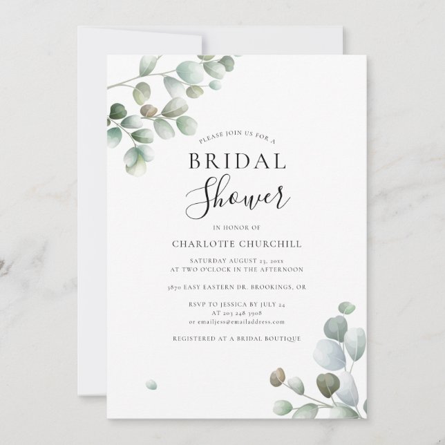 Watercolor Eucalyptus Minimalist Bridal Shower Invitation (Front)