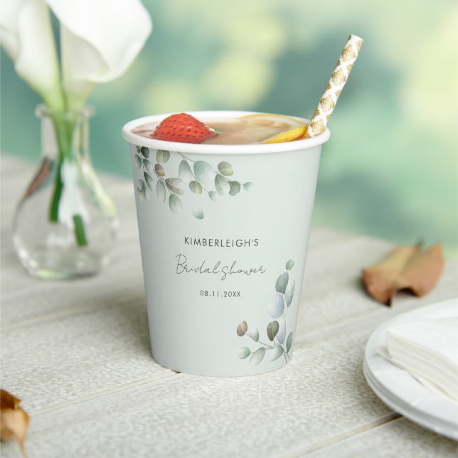 Watercolor Eucalyptus Minimalist Bridal Shower Paper Cups (Insitu)