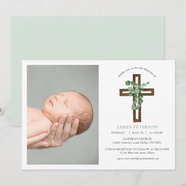 Watercolor Eucalyptus Modern Cross Photo Baptism Invitation (Front/Back)
