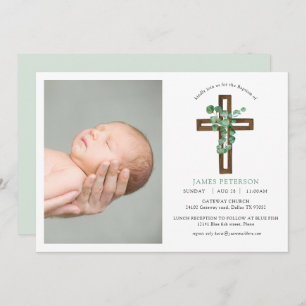 Watercolor Eucalyptus Modern Cross Photo Baptism Invitation